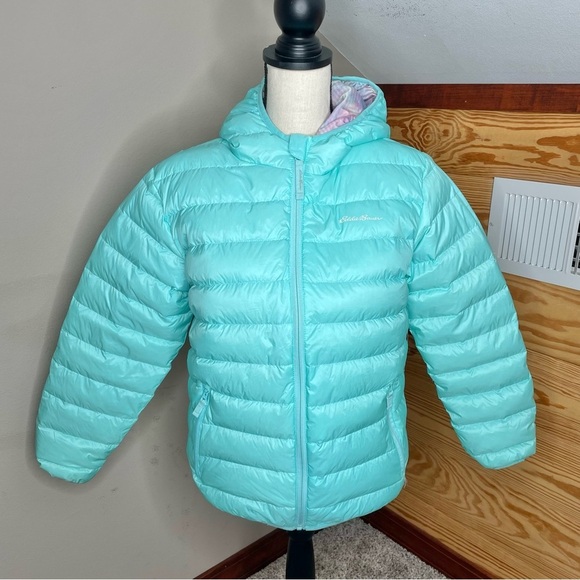 Eddie Bauer Girls Reversible Teal Blue Purple Down Puffer Jacket Extra Large 16 - Picture 1 of 13